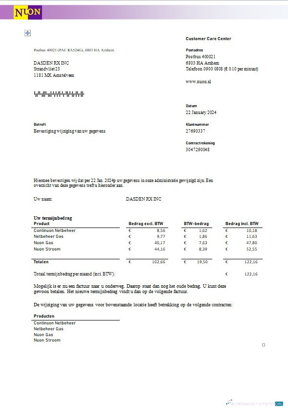 Netherlands NUON gas business utility bill template in Word and PDF format in Dutch language